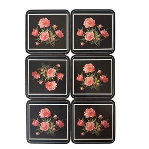 Vintage Pimpernel Six Acrylic Traditional Coaster Set Peony Spray Black Pink